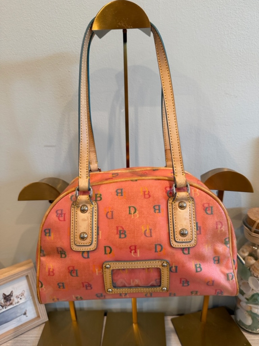 Dooney & Bourke Vintage Y2K Coral Orange Logo Dome Satchel with Tan Trim